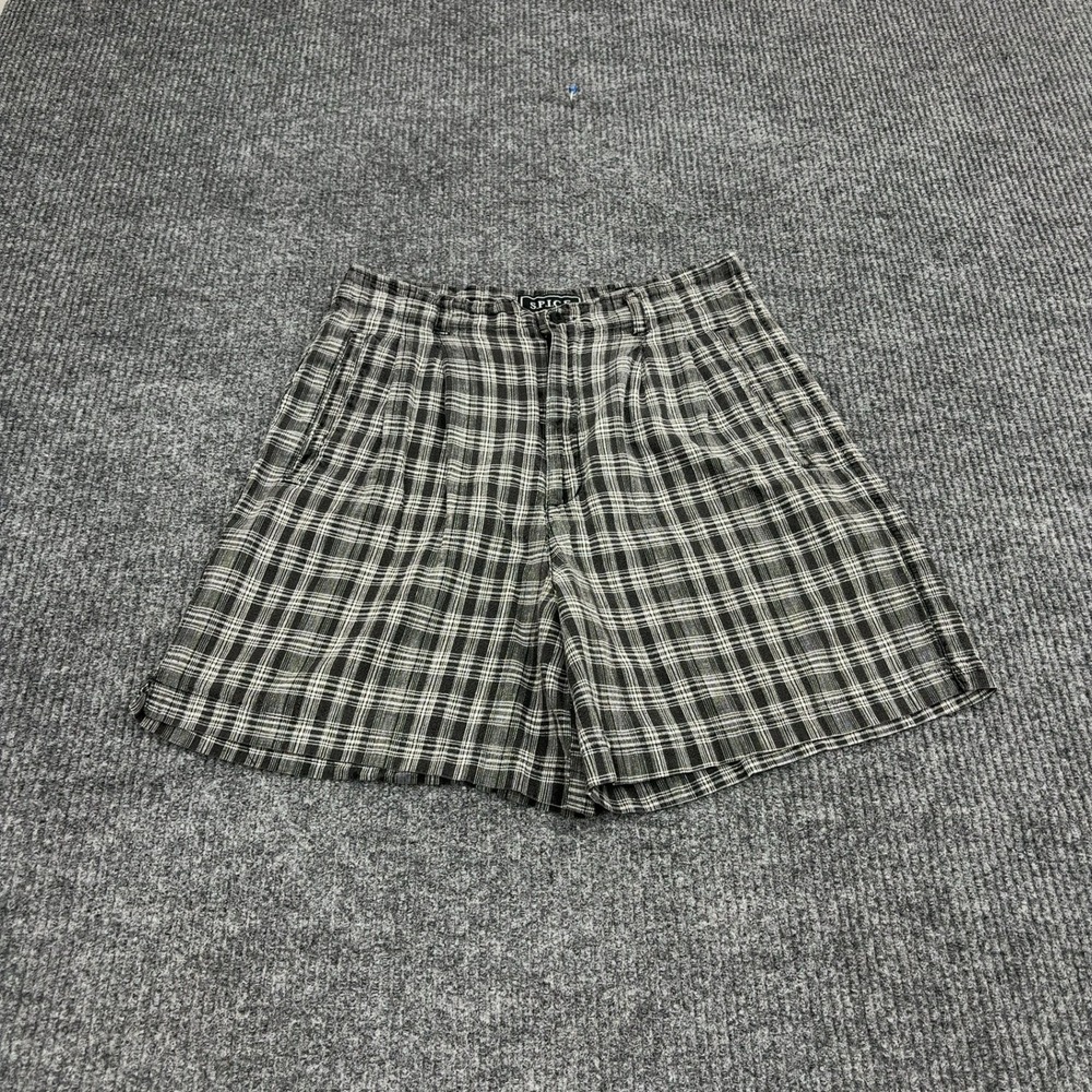 Vintage SPICE Shorts Womens 11/12 Black Linen Blend Plaid Pleated Preppy